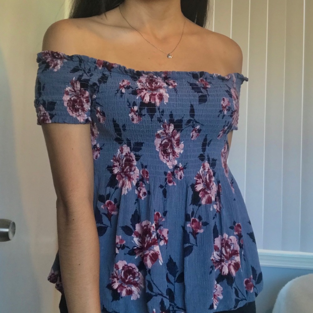 Floral Off-Shoulder Top - Blue and Pink
